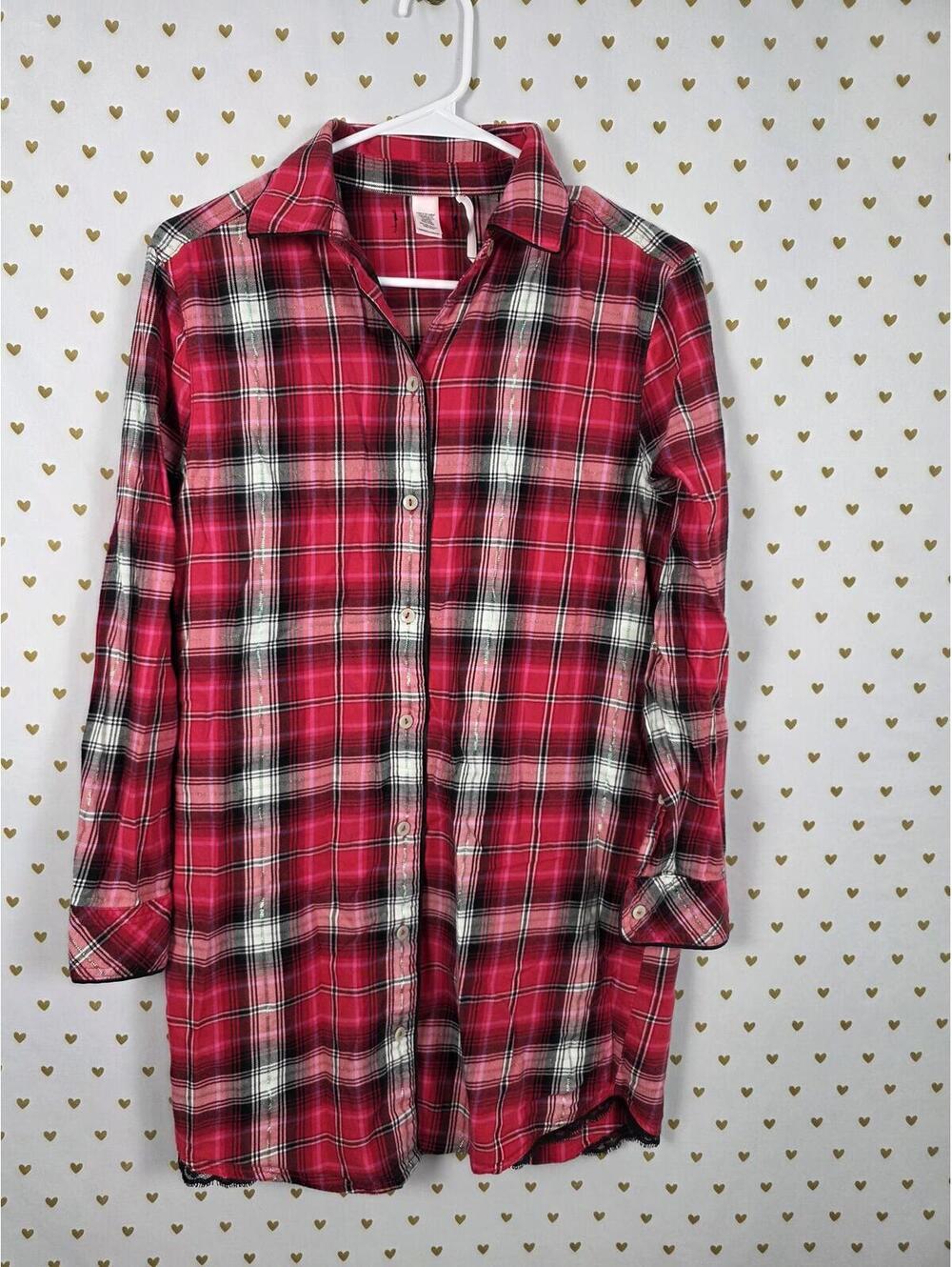 Victorias Secret Red Plaid Pajama Sleep Shirt nightgown Button Down XS